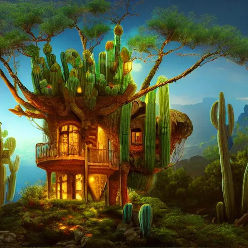 Image similar to fancy treehouse mansion built in a giant cactus on top of plateau overlooking grand canyon detailed luminescent magical realism 4 k painting