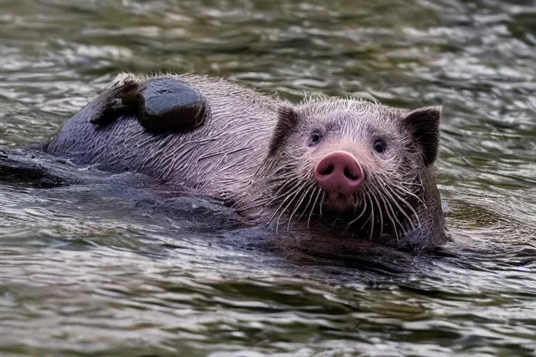 Image similar to a pig sea otter!!! hybrid! hyper realistic!! realistic lighting!! wildlife photographer of the year!!! bold natural colors, national geographic, hd, wide angle, 8 k