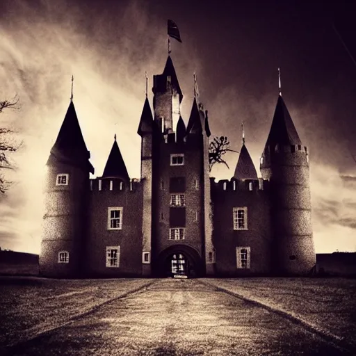 Image similar to castle made of ash, cinematic, realistic, dark, night, glow, goth,