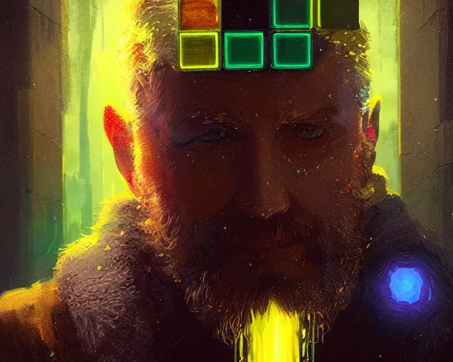 Image similar to fantasy portrait of wizard with neonyellow cubes, intricate abstract. intricate artwork, by greg rutkowski, wlop, beeple, dan mumford. concept art, octane render, trending on artstation, greg rutkowski very coherent symmetrical artwork. cinematic, key art, hyper realism, high detail, octane render, 8 k, iridescent accents