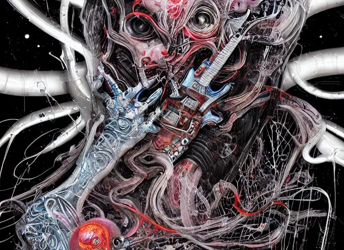 Image similar to a dream electric guitar in a dystopic world full of aberration, black & white, melting, webbing, 8 k, by tristan eaton, stanley artgerm, tom bagshaw, greg rutkowski, carne griffiths, ayami kojima, beksinski, giger, trending on deviantart, face enhance, hyper detailed, minimalist, horror, alien