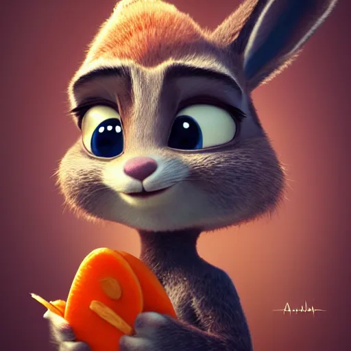 Prompt: portrait of a super cute bunny, eating a carrot, pixar, zootopia, cgi, blade runner. trending on artstation, smiling, friendly