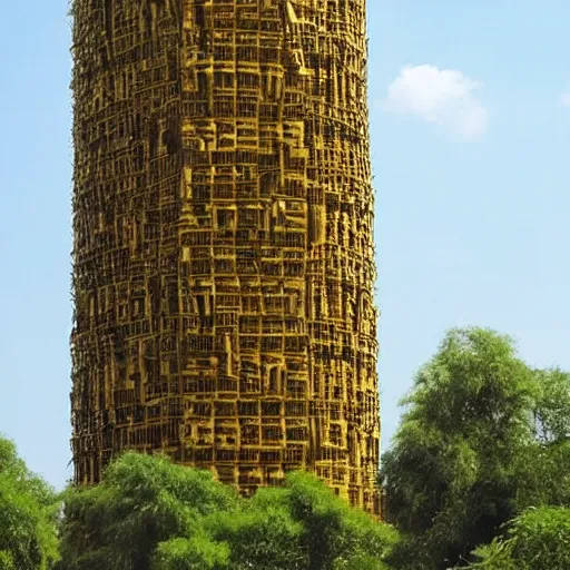 Prompt: very tall babylon tower made of gold and stone, covered in lush vegetation, 1 0 0 0 years old
