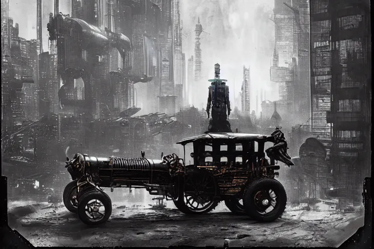 Image similar to cyberpunk 1 9 0 8 model ford t by paul lehr, jesper ejsing, metropolis, mad max, parked by view over city, vintage film photo, robotic, damaged photo, scratched photo, scanned in, old photobook, silent movie, black and white photo