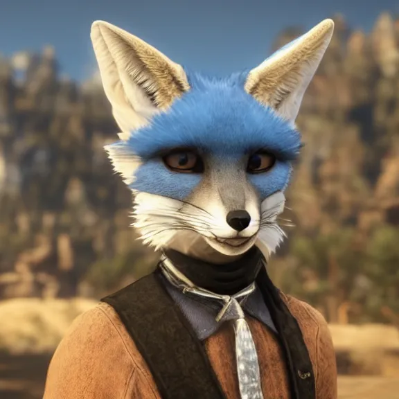 Image similar to screenshot of an anthropomorphic blue fennec fox in cowboy attire from red dead redemption 1
