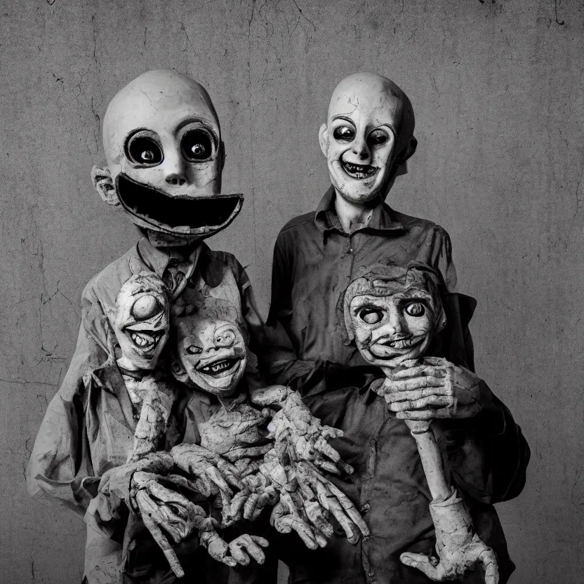 Image similar to creepy ventriloquist dummy in the style of roger ballen, 4 k, bw, portrait