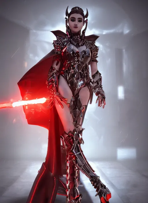 Prompt: Hades Ariana Grande wearing metal and leather fantasy battle armor with a red cloak by Ilya Kushvikov, symmetrical face concept art, octane render unreal engine meta humans, artstation