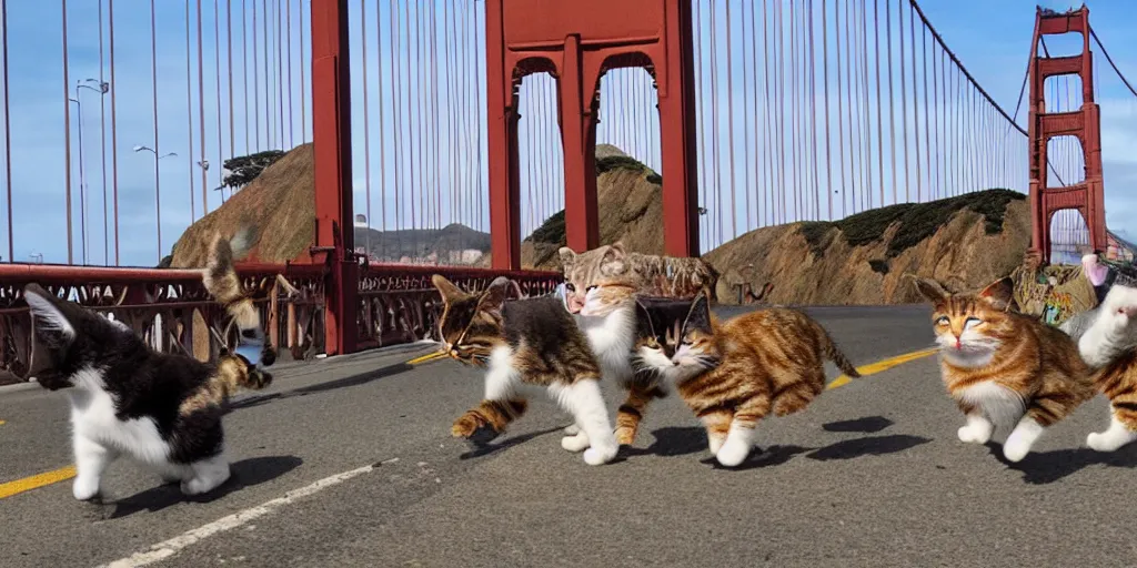 Image similar to cat gang walking across the golden gate bridge
