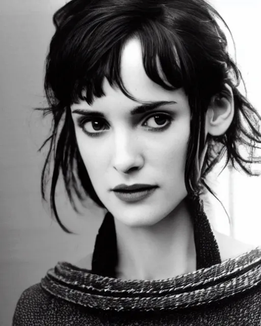 Image similar to gorgeous young winona ryder wearing a outfit made from ropes, half body portrait, greg kutkowski, sharp details, soft lighting, subsurface scattering, pearls of sweat, glistening skin, warm lighting