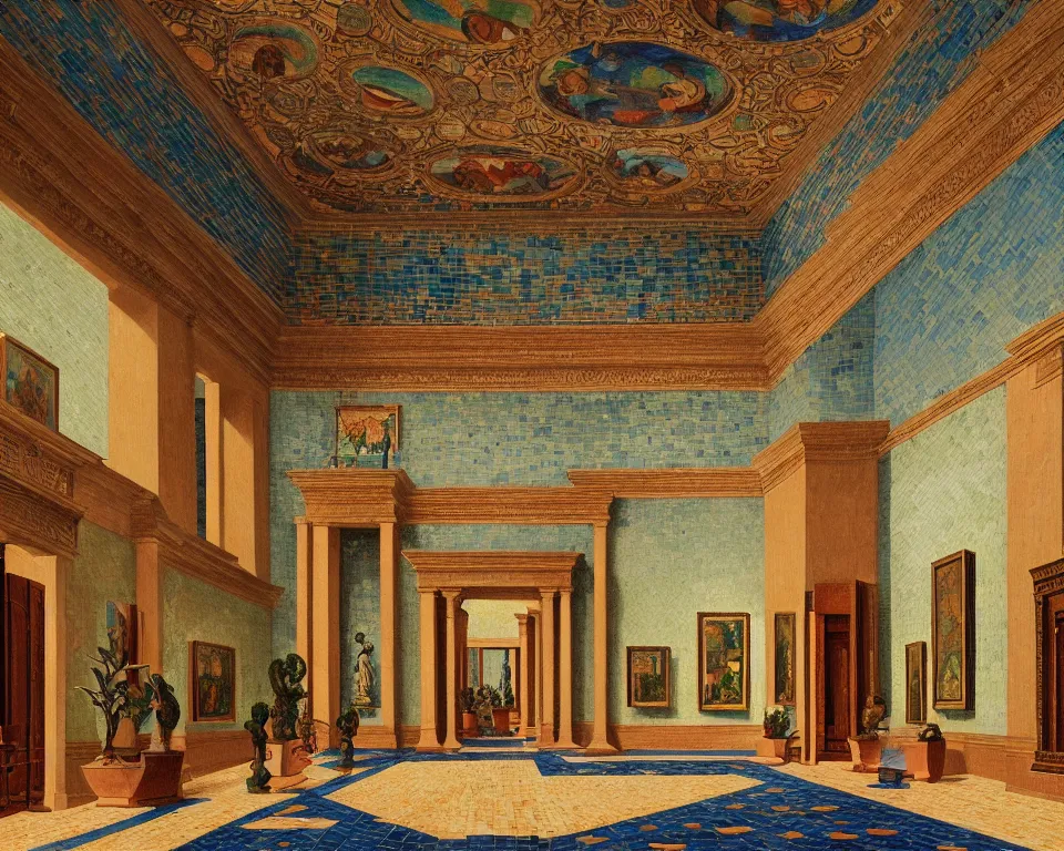 Prompt: an achingly beautiful print of the interior of a posh art museum with elaborate mosaics covering the walls, potted plants, and classical antiquities by Raphael, Hopper, and Rene Magritte. detailed, romantic, enchanting, trending on artstation.