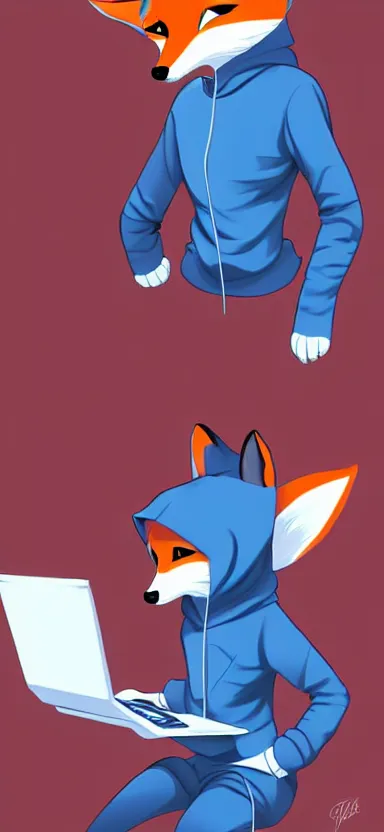 Image similar to a concept art of anthropomorphic fox in a blue hoodie hacking a portable computer, artstation, digital art, oc commission, style by studio gainax