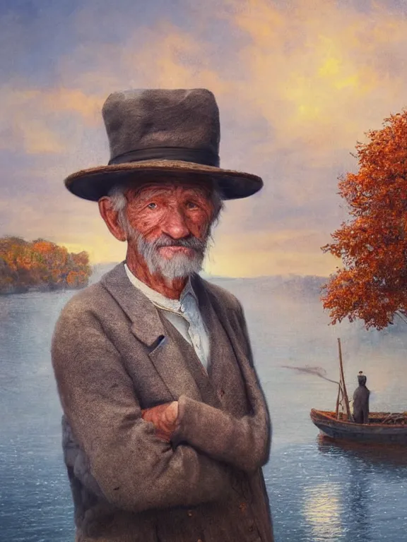 Image similar to realistic renderings portrait of very old fisher man portrait with a hat, wearing a fisher 🧥, coloured wears, ( ( ( ( ( a bird in the sky ) ) ) ) ) ponton port scene background, astonishing scenes, detailed, photorealism, volumetric lighting, autumn lights colors, ultra detailed