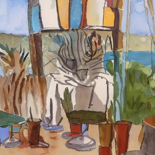 Image similar to a cat wearing a black bucket hat and a black and yellow colored scarf drinking a beer at an outdoor bar, children\'s book watercolor drawing