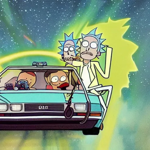 Prompt: rick and morty riding a 1983 DMC DeLorean, high quality