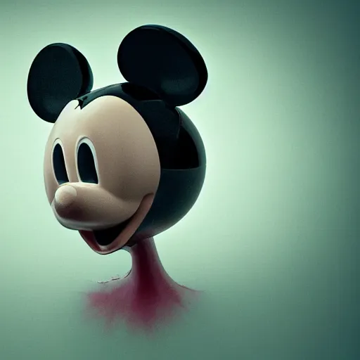 Image similar to mickey mouse head, fractal, broken, wet, mycelium, radiant alien, rococo, baroque, automotive, bio-mechanical, porcelain, iridescent sub surface scattering, octane render