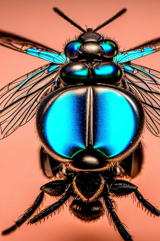 Prompt: high quality macro mecha metallic tachinid fly! gorgeous highly detailed hannah yata elson peter cinematic turquoise lighting high quality low angle hd 8k sharp shallow depth of field