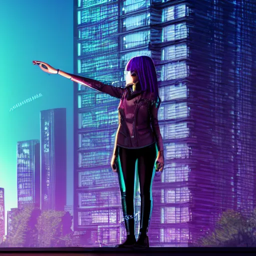 Prompt: cyberpunk girl standing on a rooftop, wearing holographic glasses, pale skin, dark purple hair, realistic body shape. wearing leather jacket and black cargo pants. night time, neon cityscape background, large blimp in the distance. 8 k