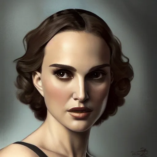 Image similar to a closeup portrait of a young natalie portman, 1 9 2 0 s, diva, femme fatale, detective thriller, gorgeous view, night, film noir, eerie, high detail, art by artgerm and greg rutkowski and alphonse mucha, digital art, trending on artstation