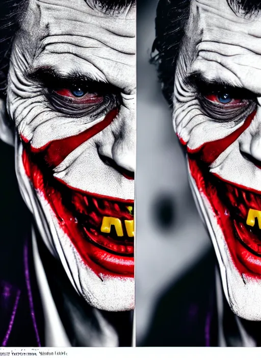 Image similar to photo of Willem Dafoe as the Joker by David Lachappelle, big smile, head shot, detailed, award winning, Sony a7R