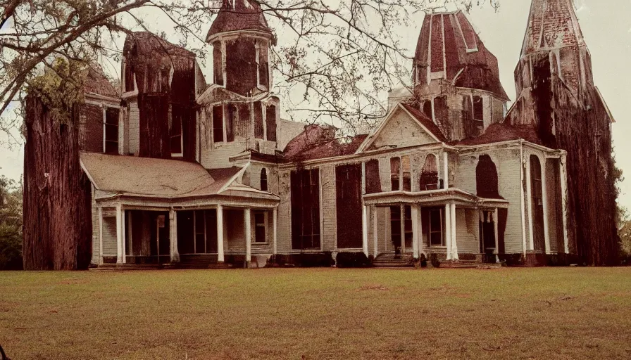 Image similar to 7 0 s film still from a horror movie about southern gothic architecture, kodachrome, cinecolor, cinestill, film grain, film texture, retro, cinematic, high resolution, photorealism,