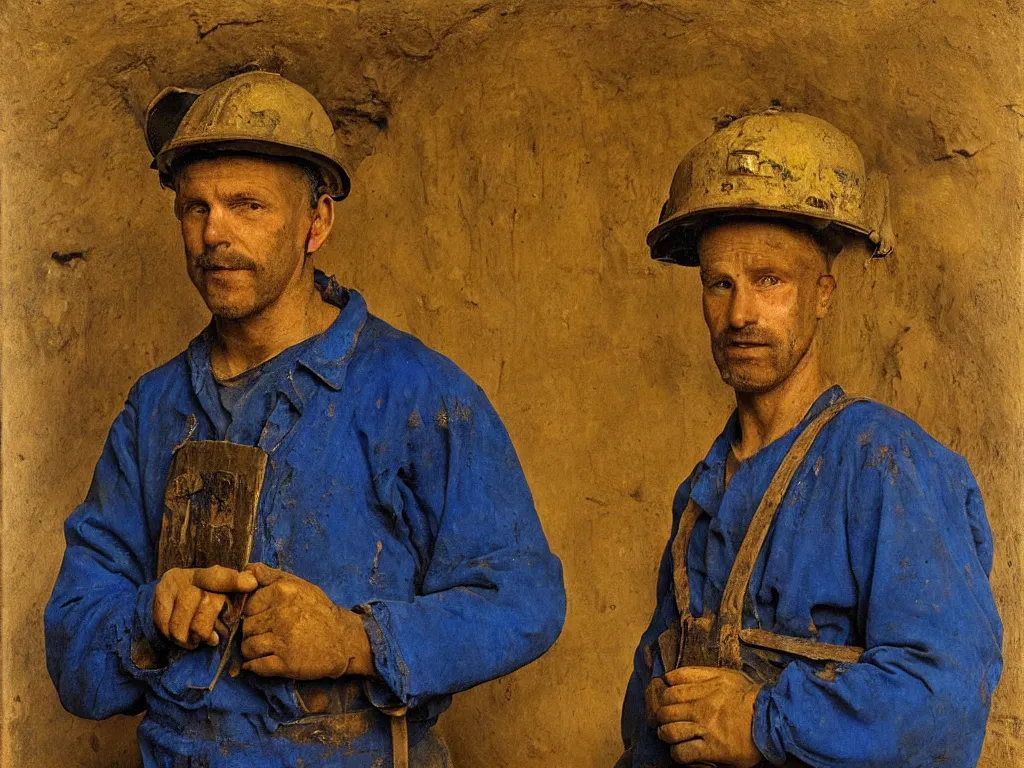 Prompt: portrait of a miner in the coal mines. Lapis lazuli. Painting by Jan van Eyck, August Sander.