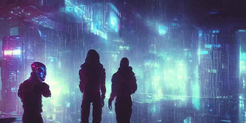Image similar to a couple cyber godly persons of cosmic nebula galaxy watching a rainy colorful cyberpunk futuristic city from behind at night through a window in his room, reflections, 8 k, photorealistic, concept art, wet, highly detailed, cinematic moof by ridley scott, trending on artstation, glowing and epic