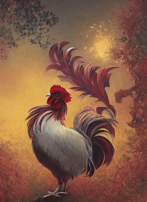 Image similar to a gorgeous paradise rooster japanese art is looking at a bird, ethereal, horror, fantasy art by greg rutkowski and magali villeneuve and claude monet