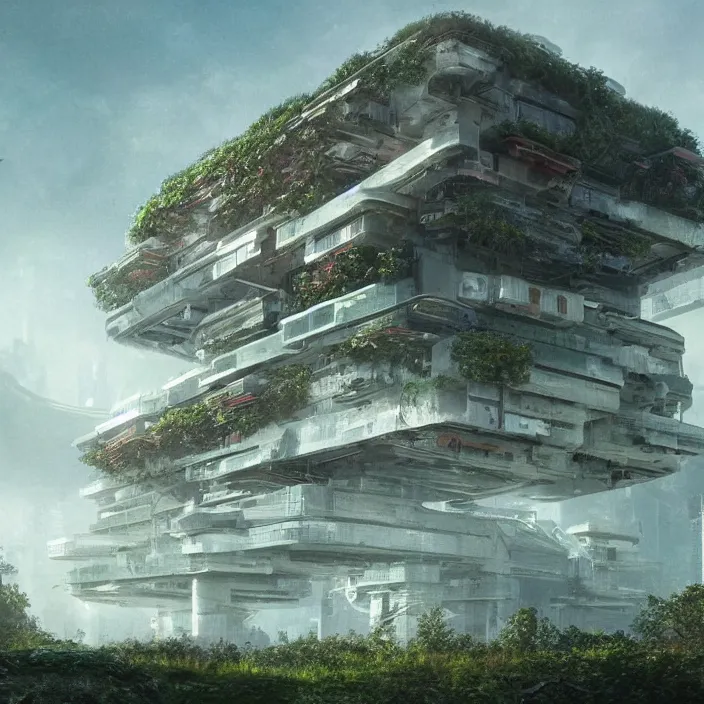 Image similar to a building in a serene landscape, biopunk