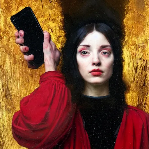 Prompt: black hole face dressed in red robe takes a selfie | highly detailed oil painting, hyperrealistic, very intrincate | cinematic lighting, award - winning | by roberto ferri, gustav klimt, william waterhouse and tom bagshaw | by austin osman spare and william blake, trending on artstation, cgsociety, official art, octane.