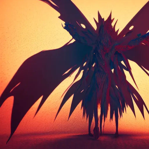 Image similar to abstract shadow demon with wings red hunter eyes, highly realistic photo realistic octane render blender highly detailed 8 k