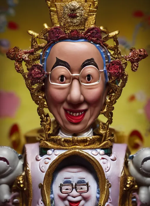 Prompt: closeup face profile portrait of tin toy dalai lama as a fairytale prince wearing a crown eating cakes, depth of field, zeiss lens, detailed, symmetrical, centered, fashion photoshoot, by nicoletta ceccoli, mark ryden, lostfish, breathtaking, 8 k resolution, extremely detailed, beautiful, establishing shot, artistic, hyperrealistic, octane render