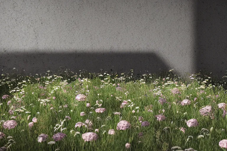 Image similar to overgrown with flowers heckler & koch mp 7 ai. octane render. substance painter painter. black, matte metal. flower field. strong light with dabbled shadows. photoreal.