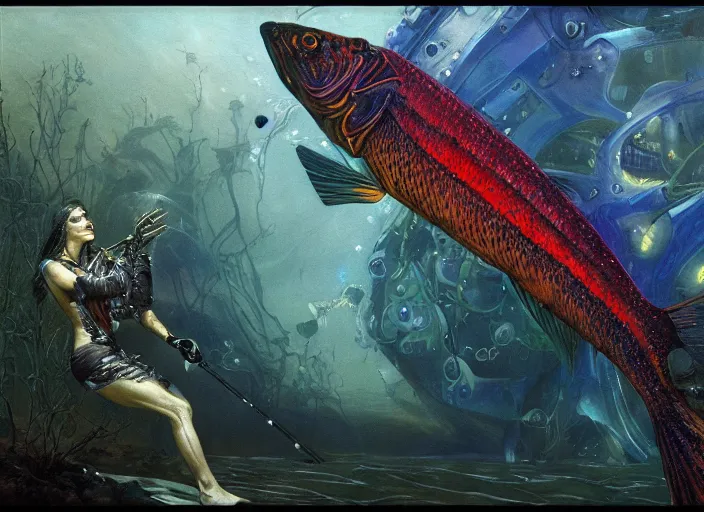 Image similar to cybernetic pike fish, glowing veins, subsurface scattering, underwater, by gerald brom, by mikhail vrubel, by peter elson, muted colors, extreme detail, trending on artstation, 8 k