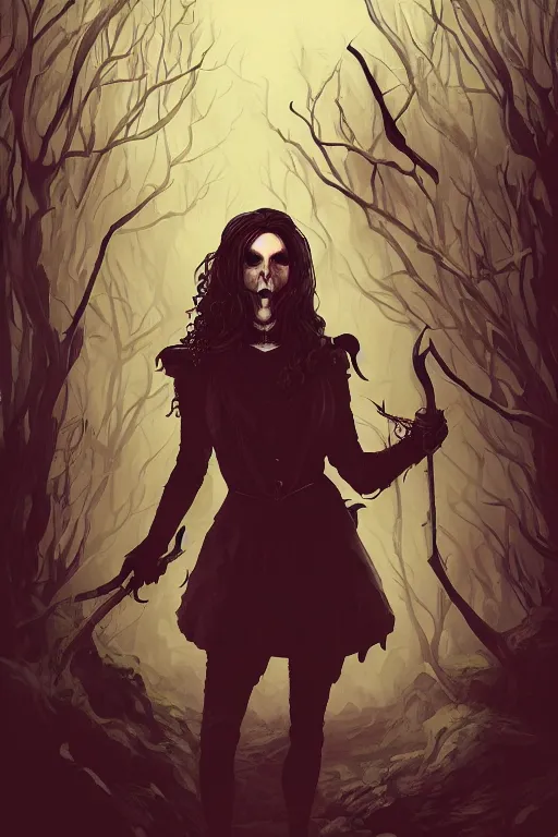 Image similar to yennefer of vengerberg in sleepy hollow, full body, big two toned eyes, teeth gritted, horror, intricate details, cinematic, epic, realistic, anatomy, tomer hanuka, uplight, artstation, photorealistic, scary