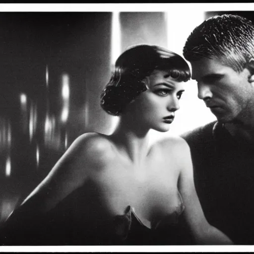 Prompt: old black and white photo, 1 9 3 3, depicting blade runner rick deckard and rachael, ultra realistic face, leica, historical record, dramatic lighting, close - up, depth field, blur