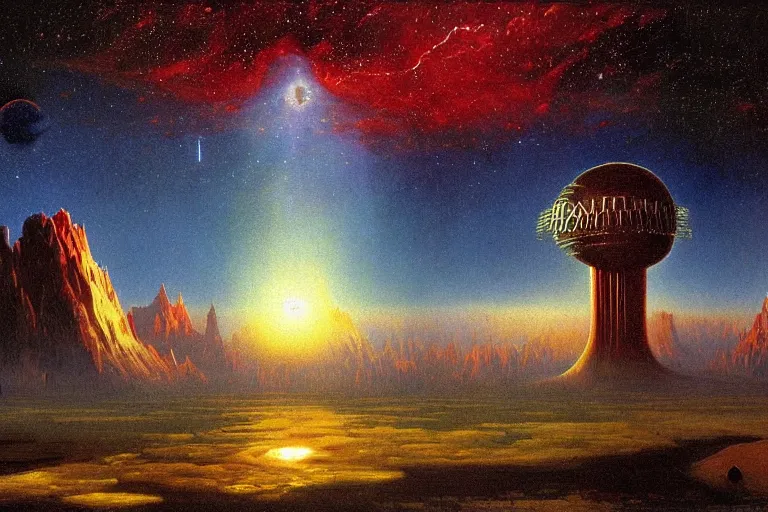 Prompt: miskatonic university big bang inscape in the style of dr. seuss,'2 0 0 1 a space odyssey ', painting by albert bierstadt