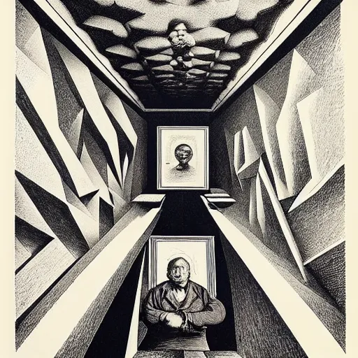 Image similar to lithography on paper secret lair conceptual figurative post - morden monumental dynamic portrait by goya and escher and hogarth, illusion surreal art, highly conceptual figurative art, intricate detailed illustration, controversial poster art, polish poster art, geometrical drawings, no blur
