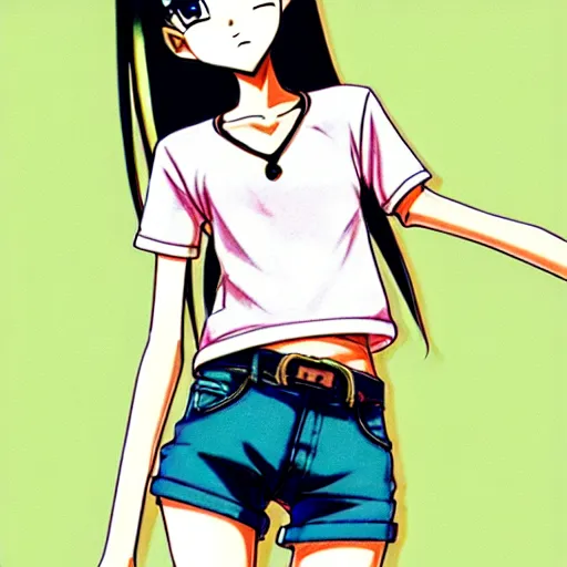 Image similar to attractive elegant sophisticated reservedyoung woman, slim figure, perfect silky straight hair, smooth tan skin, dark circles under bemused eyes, hip emo fashion, tshirt!!, shorts!!, illustrated for newtype magazine!! by akira toriyama!!