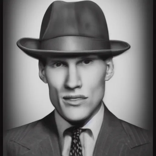 Image similar to A photograph portrait of Jerma985 wearing a suit with and fedora in the 1940s, taken in the early 1940s, grainy, taken on a 940s Kodak Camera, realistic, hyperrealistic, very realistic, highly detailed, very detailed, extremely detailed, detailed, digital art, trending on artstation