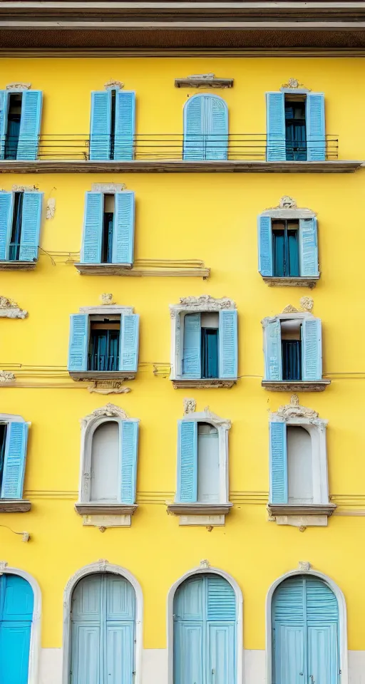 Image similar to pastel yellow italian architecture in front of a light blue clear sky, beautiful, minimalistic, aesthetic, cartoonish, two colours
