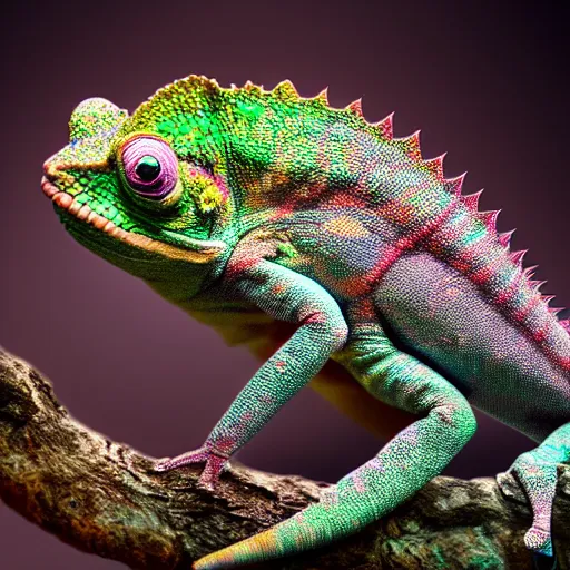 Image similar to a photorealistic chameleon made of complex fractals, digital art