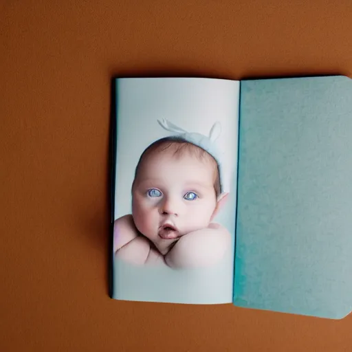 Prompt: high quality studio photography of a cute book with baby eyes