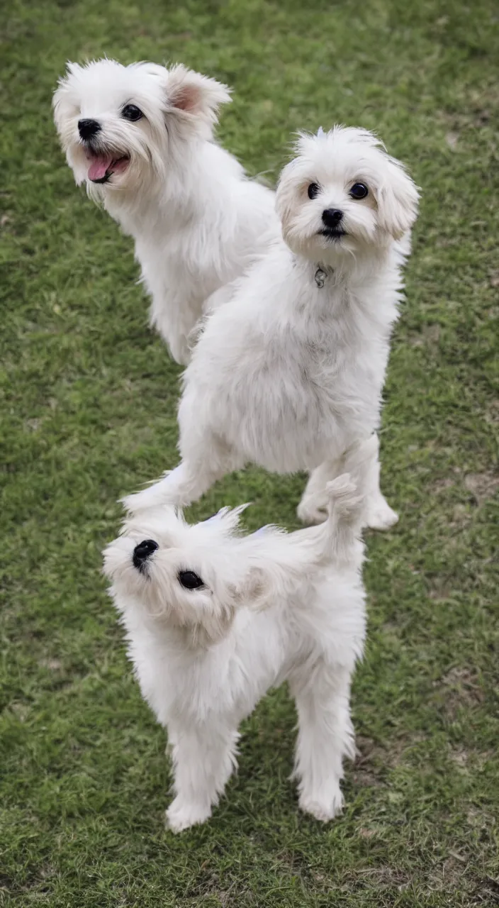 Image similar to photo of maltese puppy dog standing on hind leg begging for food, photorealistic