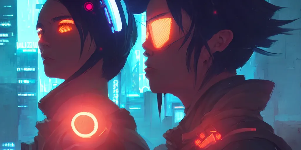 Prompt: digital illustration closeup portrait of cyberpunk samurai in city street at night by makoto shinkai, ilya kuvshinov, lois van baarle, rossdraws, basquiat | afrofuturism, in the style of hearthstone, hero pose, trending on artstation | cool color scheme