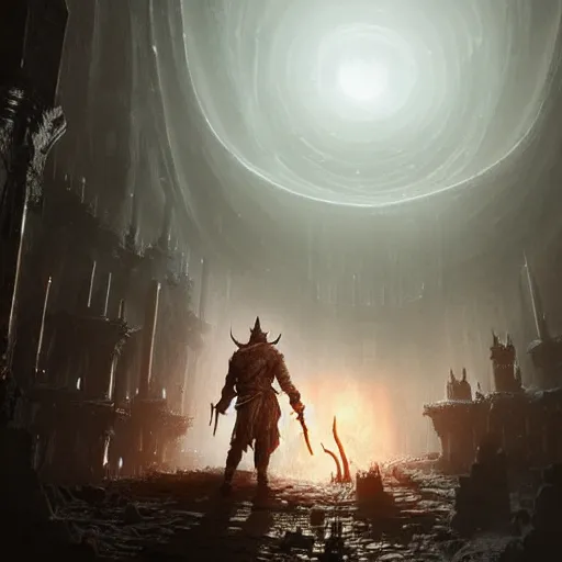 Prompt: a huge dungeon with an hunter fighting an old god, in the style of Bloodborne, soft, light, bright, epic, awesome,digital art, by Simon baek and Greg rutkowski