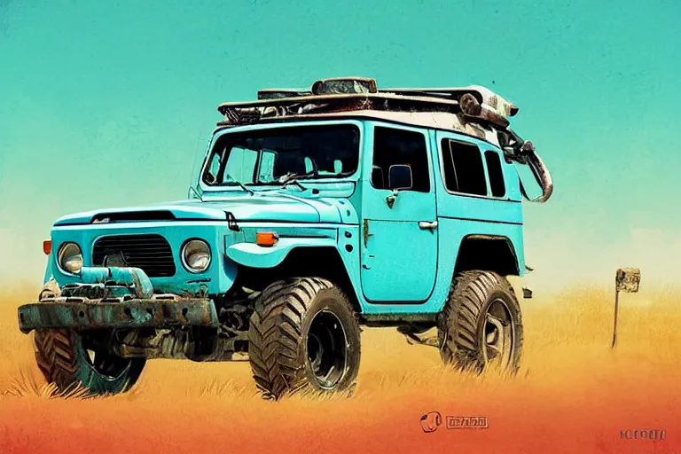 Image similar to digital illustration of a faded cyan mad max's fj 4 0 decrepit!!!! pursuit special, rusty!!! nissan fj cruiser heavily modded 1 9 9 0 s, the last v 8 interceptor by makoto shinkai, ilya kuvshinov, lois van baarle, rossdraws, basquiat