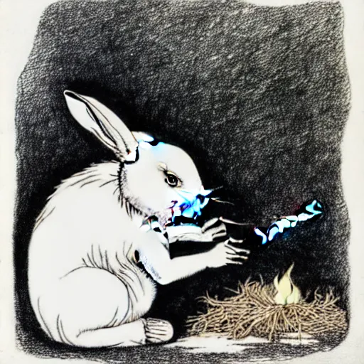 Image similar to a pen and ink drawing of a white rabbit smoking a cigarette while reclining in a deep dark tangled forest, a lingering smoke cloud, childrens book illustration, by edward gorey, by gustav dore