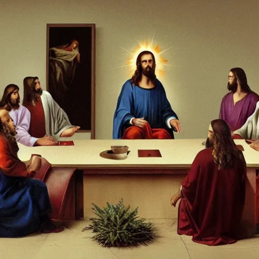 Prompt: Jesus as a business executive presiding over a boardroom meeting