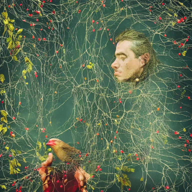 Image similar to human with the sea and the forest inside, veins diverge through the body like rivers filmed on a satellite, a person is decorated with wild berries, a beautiful bird is looking at him next, colorful picture