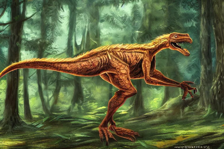 Prompt: highly detailed photograph of a oil velociraptor!! in the forest, featured on pixiv